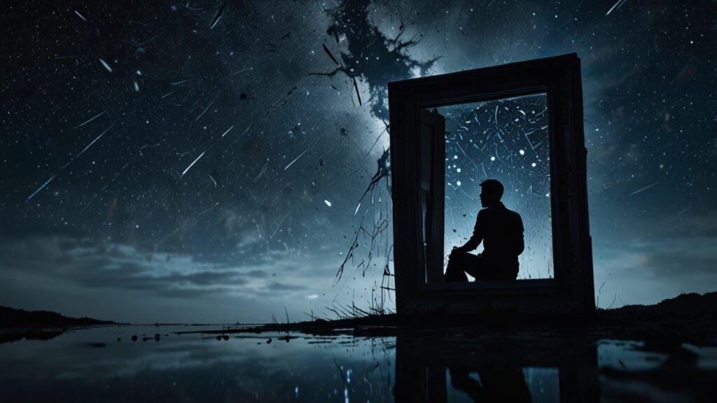 Cracked mirror reflecting starlight with a human silhouette sitting in stillness and cosmic energy around