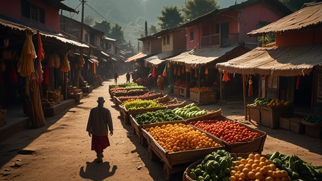 Person walking through Himalayan village market with glowing vegetables and subtle golden energy threads between people.
Everything has a purpose.