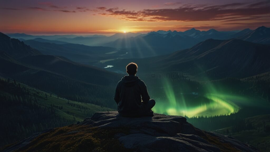 Person meditating on mountain ridge with glowing aura and aurora-like light surrounding the body