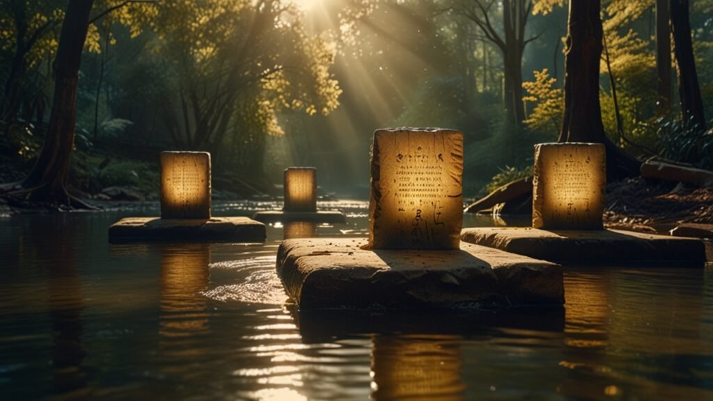 Stone tablets dissolving into light in a flowing river