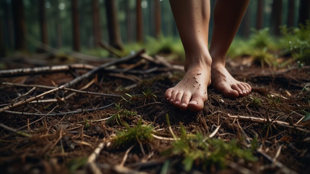 Feet touching forest ground in the Himalayas