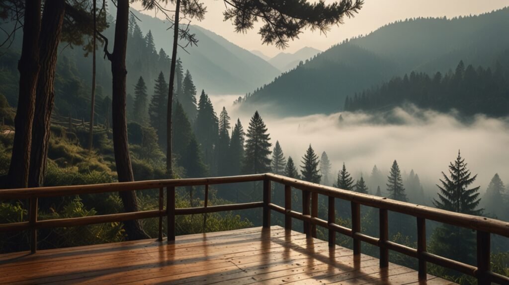 Mountains Are Calling. Wooden balcony facing misty Himalayan valley