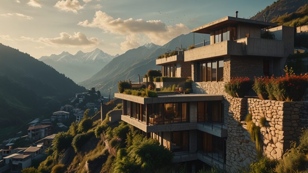 Himalayan house with green rooftop and solar panels overlooking valley.