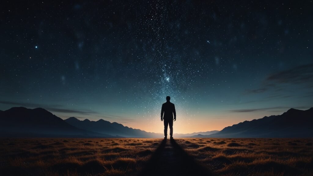 Silhouette dissolving into stardust in open valley at twilight