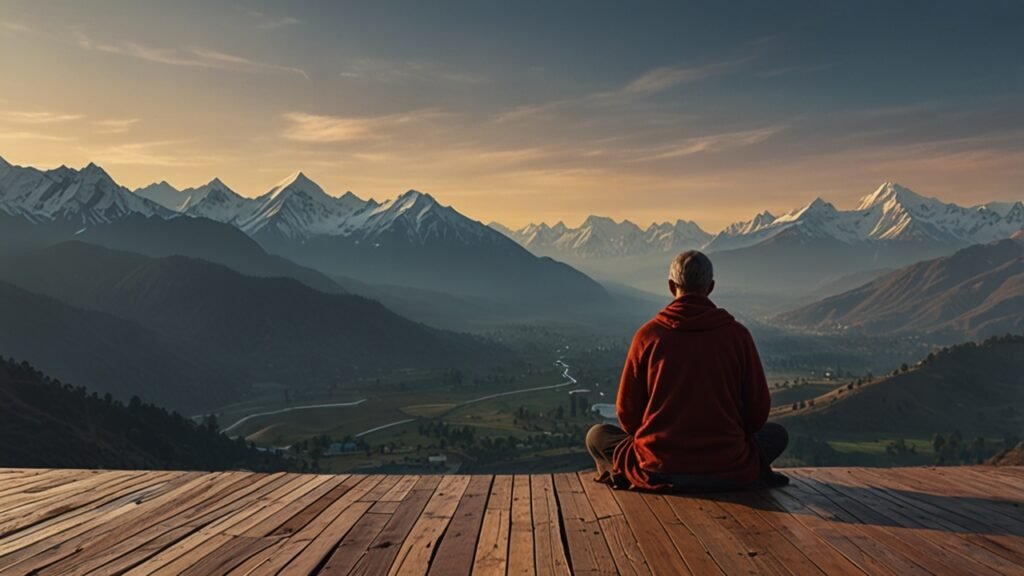Person meditating on wooden deck overlooking Himalayan valley at sunrise.