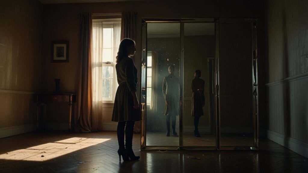 Human figure facing a fragmented mirror reflecting masculine and feminine aspects