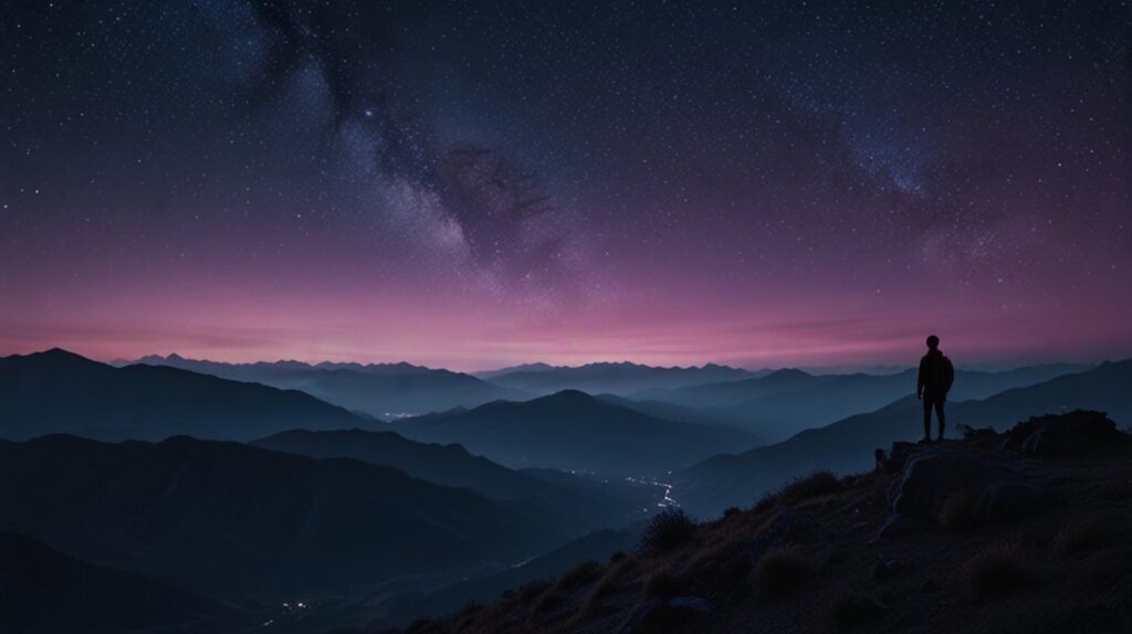 Silhouette standing on Himalayan ridge at twilight