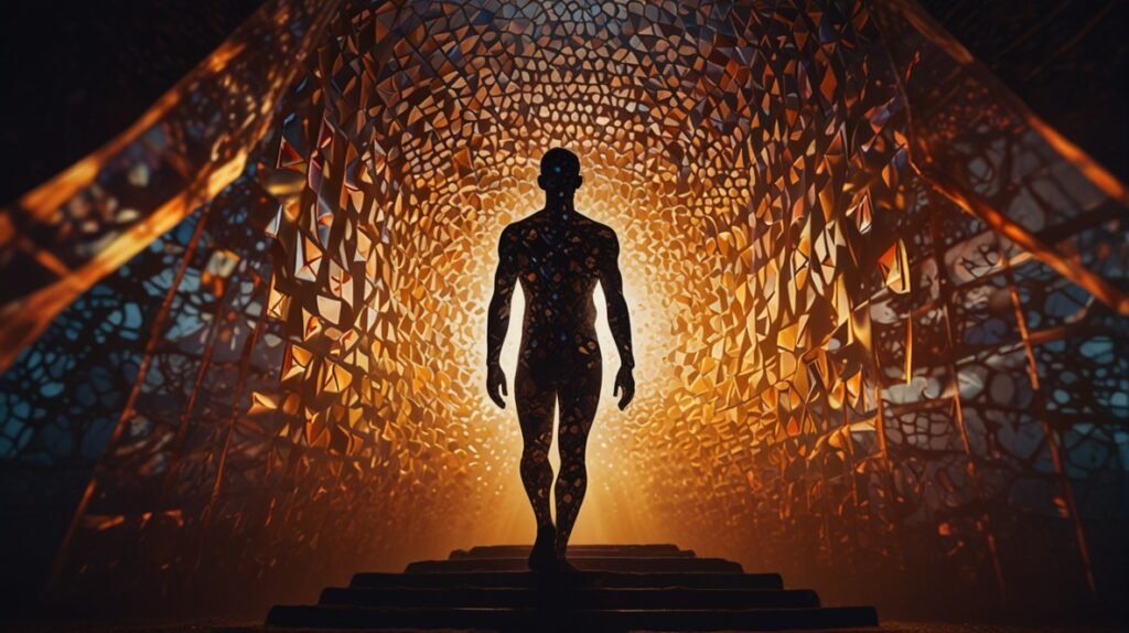 Abstract human form with light patterns symbolizing early spiritual awakening