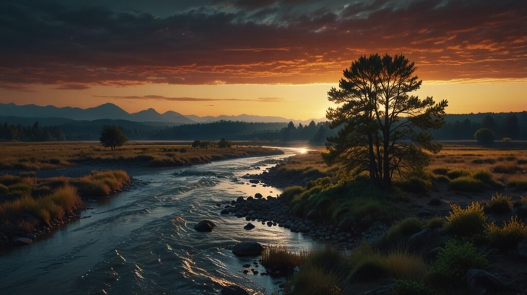 Landscape with subtle golden energy flowing through forest, river, and mountains symbolizing unity in spiritual awakening