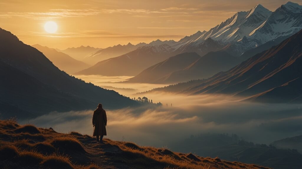 surrender within maya in a Himalayan sunrise landscape