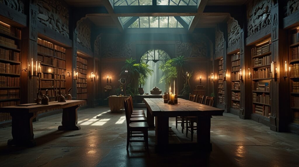 Ancient Himalayan temple library filled with scrolls, books, and natural light representing consciousness, philosophy, and living wisdom.