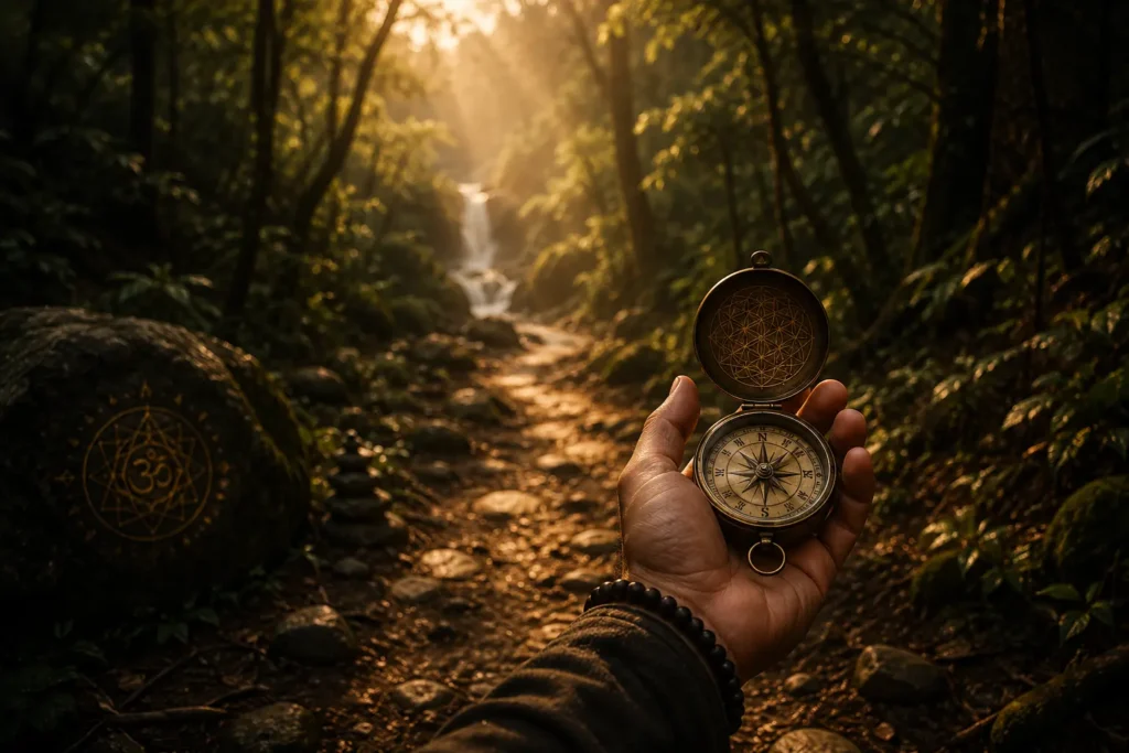 A hand holding an antique compass while standing on a forest trail surrounded by trees.