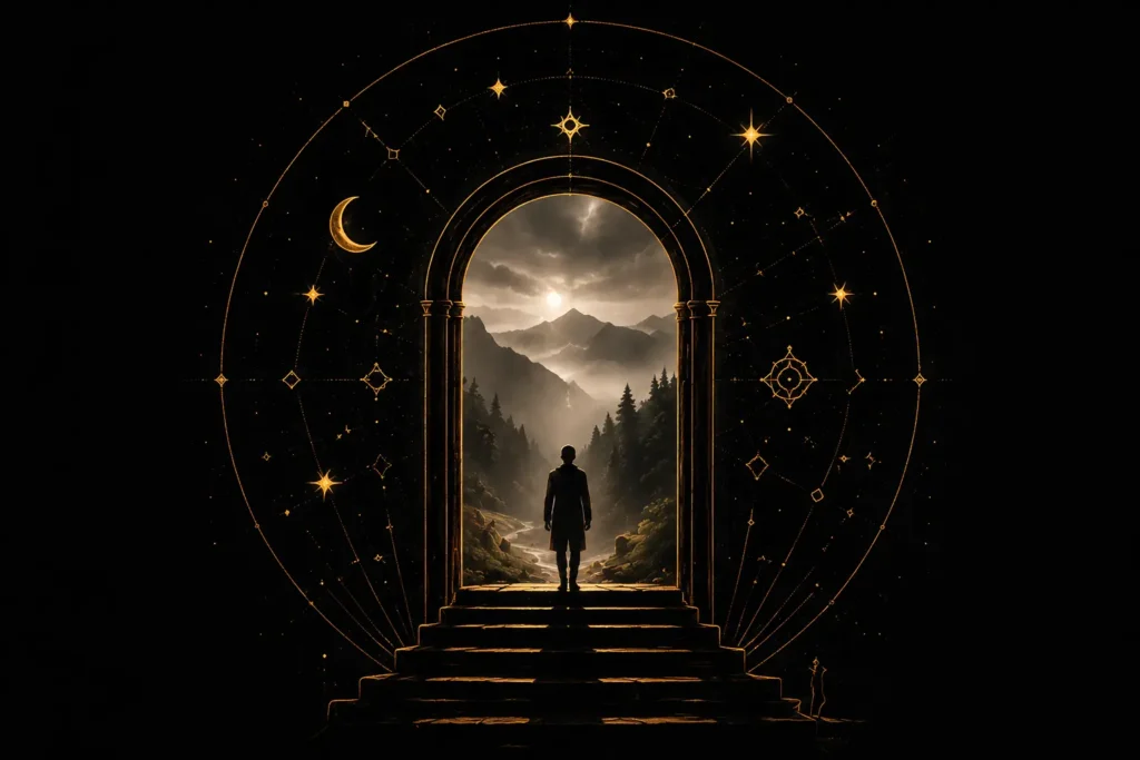 A golden mystical doorway opening toward misty Himalayan mountains with a solitary figure standing in silence.