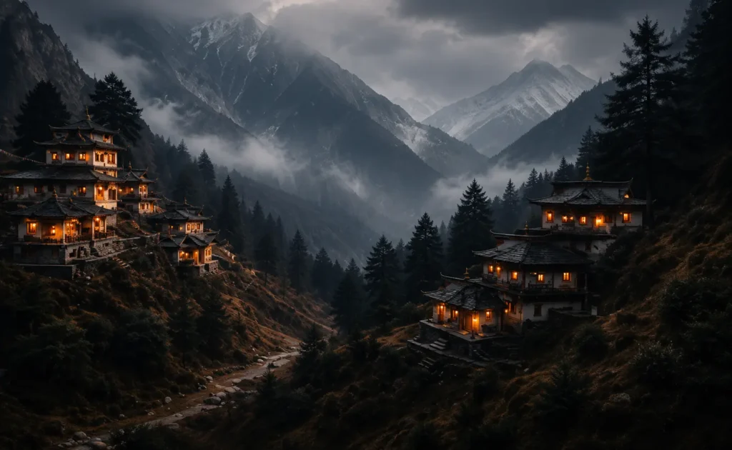 Traditional Himalayan temples glowing warmly among misty mountain forests at dusk.