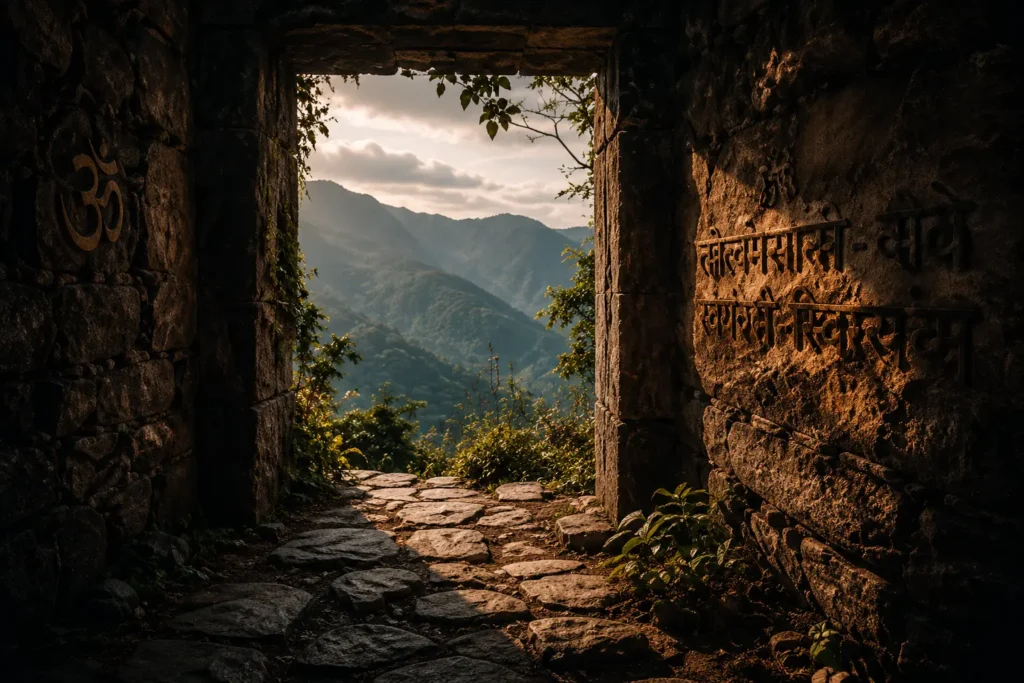 Ancient stone temple doorway opening toward distant Himalayan mountains with sacred carvings on the walls.