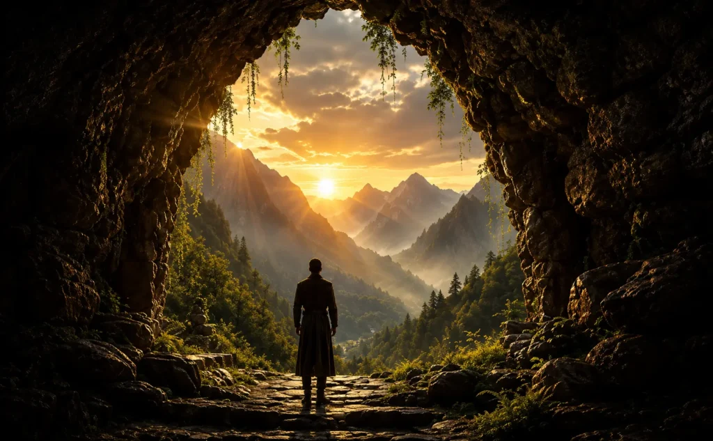 A solitary figure standing at the entrance of a Himalayan cave overlooking sunlit mountains, symbolizing the beginning of an intuitive spiritual journey. Intuitive Oracle Sessions.