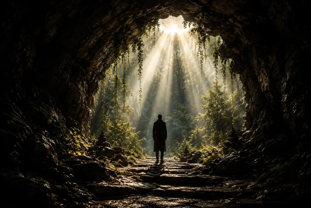 A lone traveler walking toward a forest opening illuminated by golden light, symbolizing intuitive reflection, inner clarity, and personal transformation.
