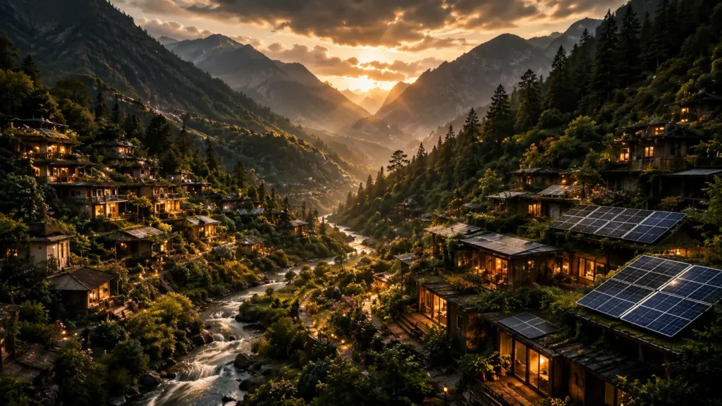 A regenerative Himalayan mountain village with sustainable homes and solar rooftops, representing Solarpunk culture, ecological living, and New Earth possibilities.