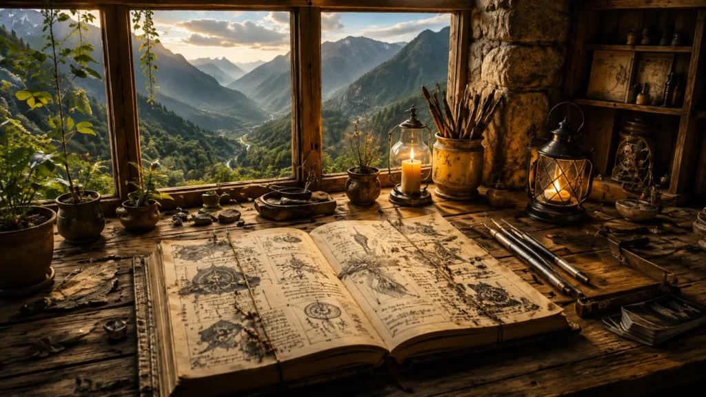 A creative studio overlooking the Himalayan mountains with sketchbooks, candles, and artistic tools, symbolizing creative vision, reflection, and inspired expression.