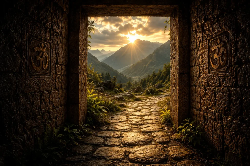An ancient stone doorway opening toward Himalayan mountains at sunrise, symbolizing sacred thresholds, inner calling, and new beginnings.