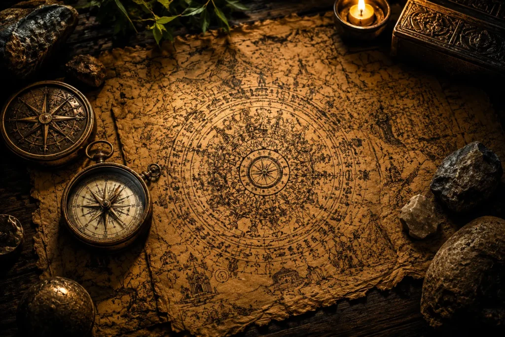 An ancient compass, sacred map, and symbolic mandala resting on an old wooden table, representing personal mythology, archetypes, and life's unfolding journey.