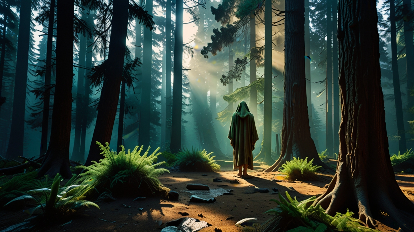 Oracle Archetype emerging from a sacred forest surrounded by living light